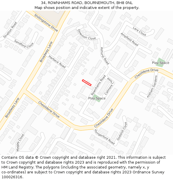 34, ROWNHAMS ROAD, BOURNEMOUTH, BH8 0NL: Location map and indicative extent of plot