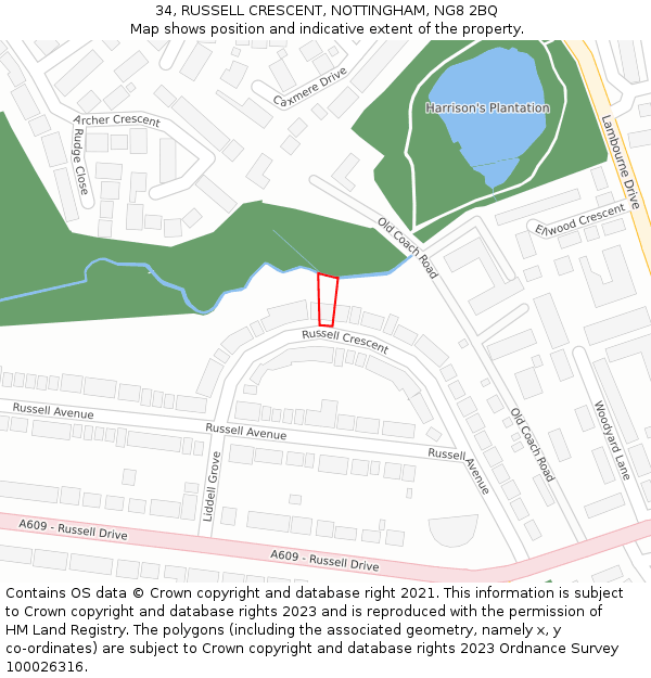 34, RUSSELL CRESCENT, NOTTINGHAM, NG8 2BQ: Location map and indicative extent of plot