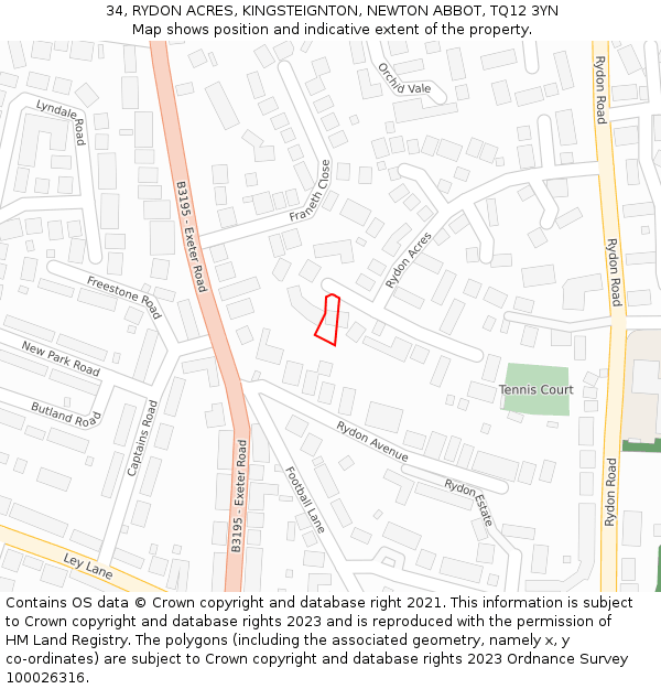34, RYDON ACRES, KINGSTEIGNTON, NEWTON ABBOT, TQ12 3YN: Location map and indicative extent of plot