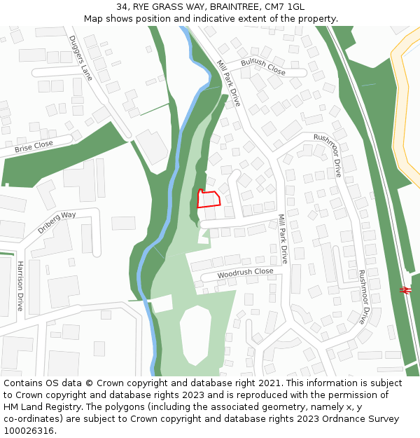 34, RYE GRASS WAY, BRAINTREE, CM7 1GL: Location map and indicative extent of plot