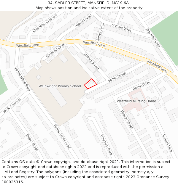 34, SADLER STREET, MANSFIELD, NG19 6AL: Location map and indicative extent of plot
