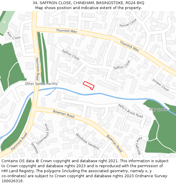 34, SAFFRON CLOSE, CHINEHAM, BASINGSTOKE, RG24 8XQ: Location map and indicative extent of plot