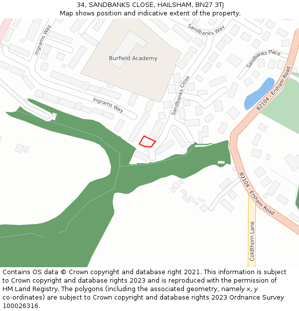 34, SANDBANKS CLOSE, HAILSHAM, BN27 3TJ: Location map and indicative extent of plot