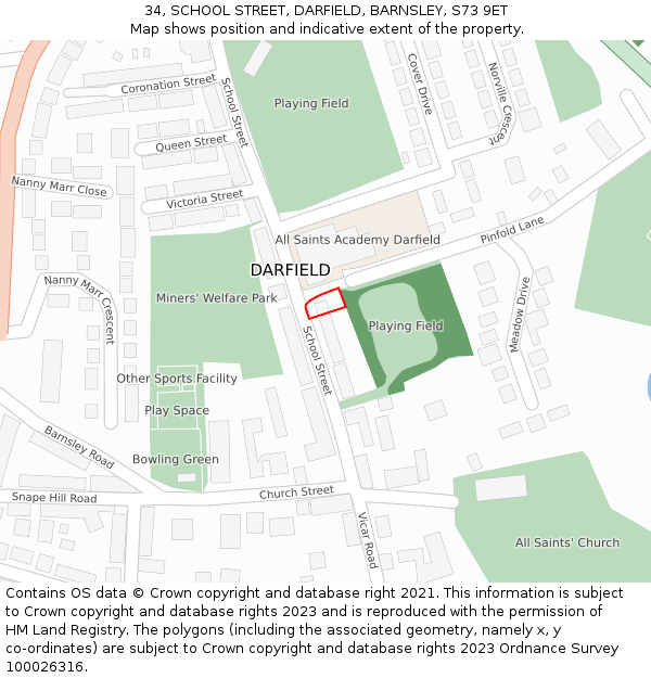 34, SCHOOL STREET, DARFIELD, BARNSLEY, S73 9ET: Location map and indicative extent of plot