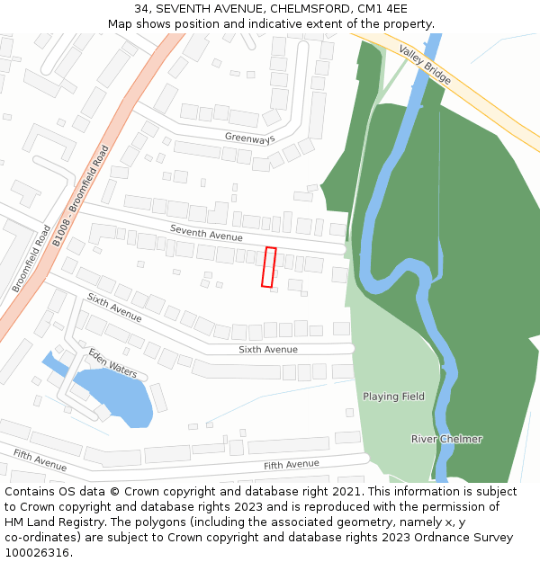 34, SEVENTH AVENUE, CHELMSFORD, CM1 4EE: Location map and indicative extent of plot