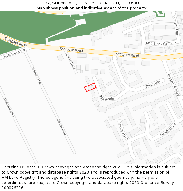34, SHEARDALE, HONLEY, HOLMFIRTH, HD9 6RU: Location map and indicative extent of plot
