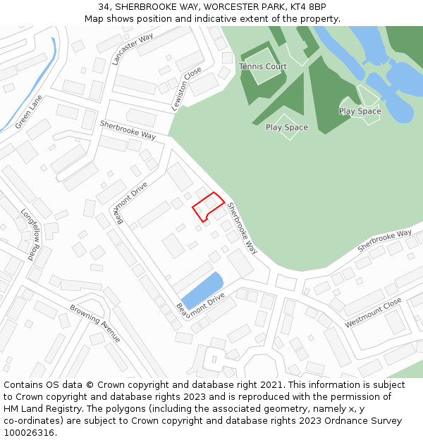 34, SHERBROOKE WAY, WORCESTER PARK, KT4 8BP: Location map and indicative extent of plot
