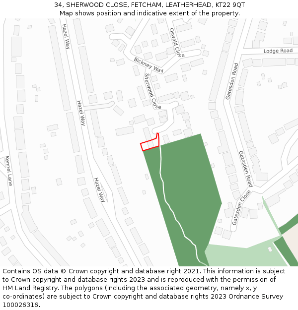 34, SHERWOOD CLOSE, FETCHAM, LEATHERHEAD, KT22 9QT: Location map and indicative extent of plot