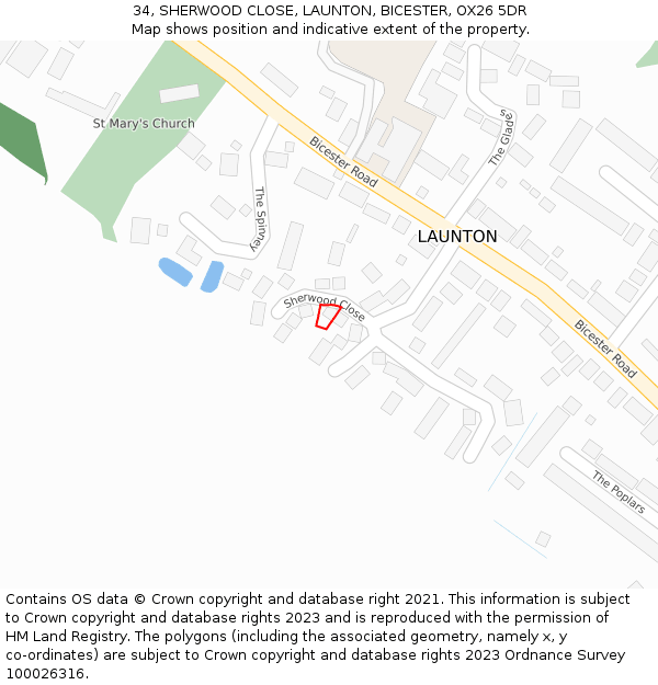 34, SHERWOOD CLOSE, LAUNTON, BICESTER, OX26 5DR: Location map and indicative extent of plot
