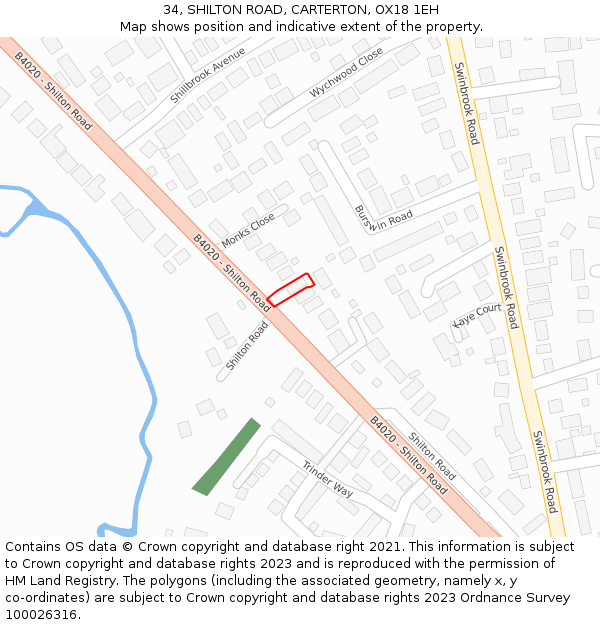 34, SHILTON ROAD, CARTERTON, OX18 1EH: Location map and indicative extent of plot