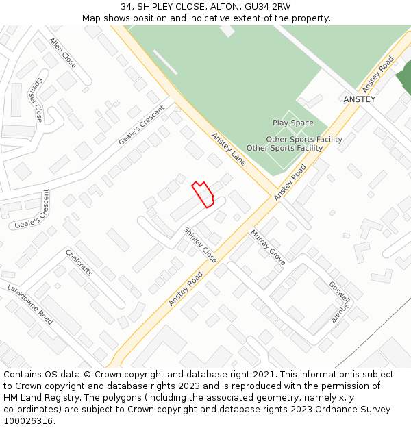 34, SHIPLEY CLOSE, ALTON, GU34 2RW: Location map and indicative extent of plot