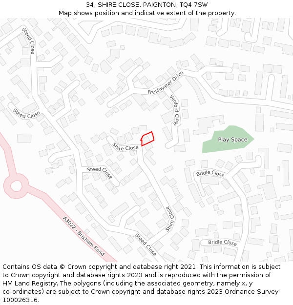 34, SHIRE CLOSE, PAIGNTON, TQ4 7SW: Location map and indicative extent of plot