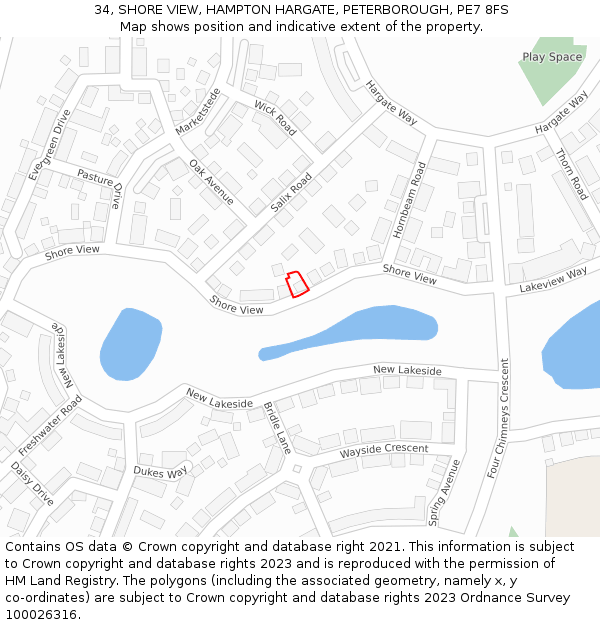 34, SHORE VIEW, HAMPTON HARGATE, PETERBOROUGH, PE7 8FS: Location map and indicative extent of plot