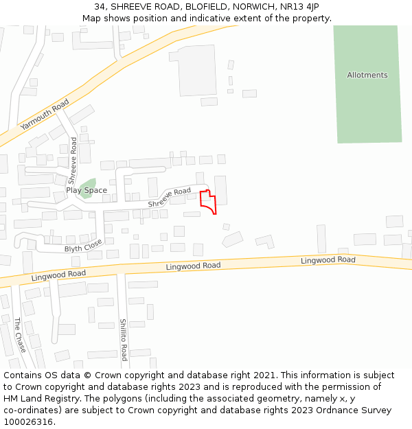 34, SHREEVE ROAD, BLOFIELD, NORWICH, NR13 4JP: Location map and indicative extent of plot