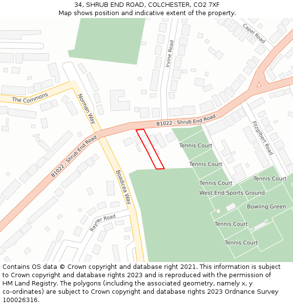 34, SHRUB END ROAD, COLCHESTER, CO2 7XF: Location map and indicative extent of plot