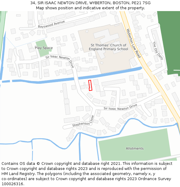 34, SIR ISAAC NEWTON DRIVE, WYBERTON, BOSTON, PE21 7SG: Location map and indicative extent of plot