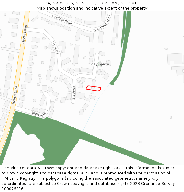 34, SIX ACRES, SLINFOLD, HORSHAM, RH13 0TH: Location map and indicative extent of plot