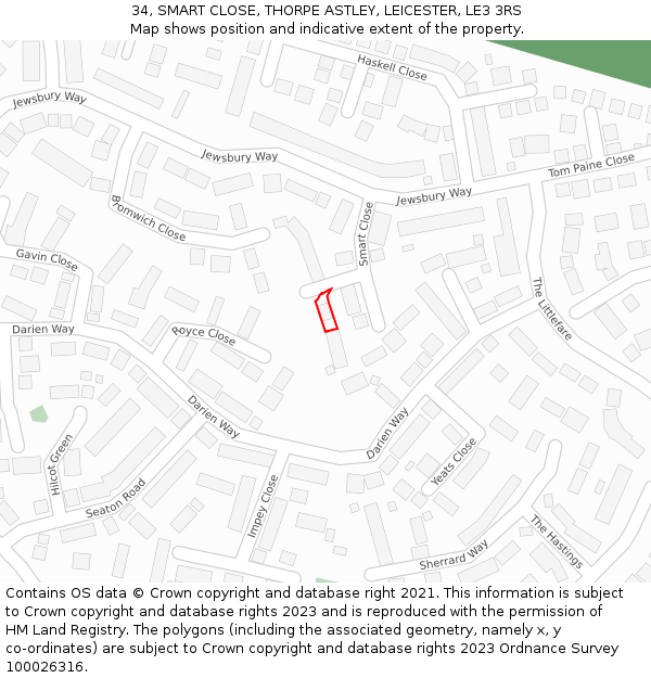 34, SMART CLOSE, THORPE ASTLEY, LEICESTER, LE3 3RS: Location map and indicative extent of plot