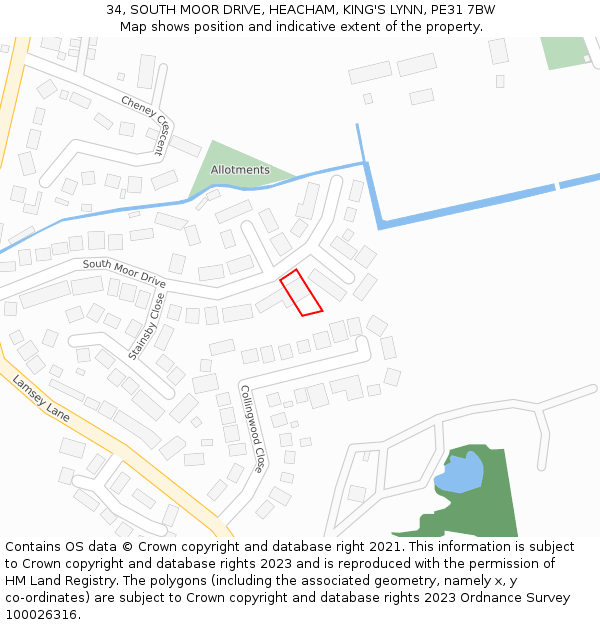 34, SOUTH MOOR DRIVE, HEACHAM, KING'S LYNN, PE31 7BW: Location map and indicative extent of plot