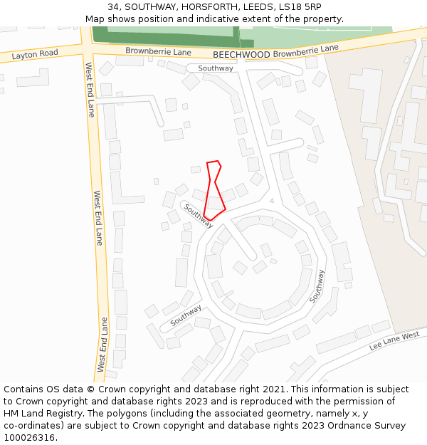 34, SOUTHWAY, HORSFORTH, LEEDS, LS18 5RP: Location map and indicative extent of plot