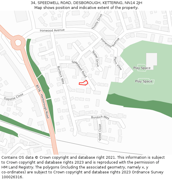 34, SPEEDWELL ROAD, DESBOROUGH, KETTERING, NN14 2JH: Location map and indicative extent of plot