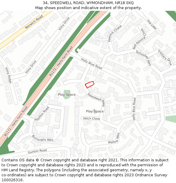 34, SPEEDWELL ROAD, WYMONDHAM, NR18 0XQ: Location map and indicative extent of plot