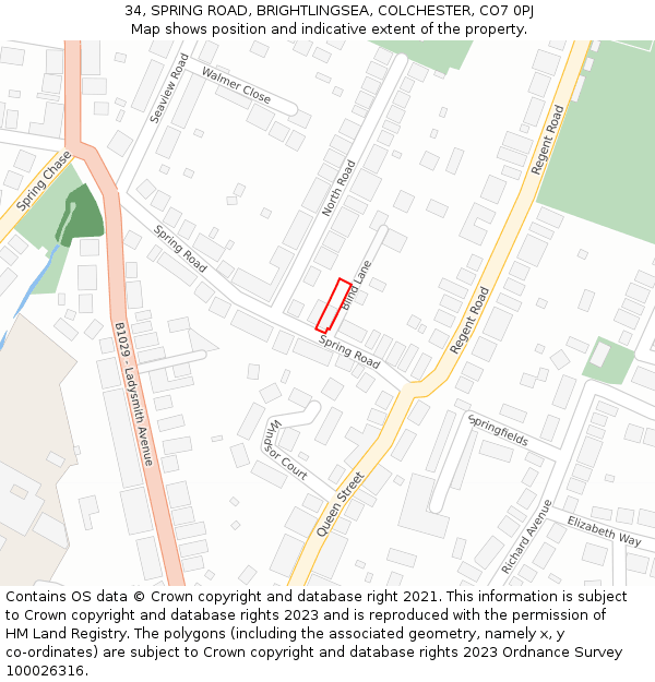 34, SPRING ROAD, BRIGHTLINGSEA, COLCHESTER, CO7 0PJ: Location map and indicative extent of plot