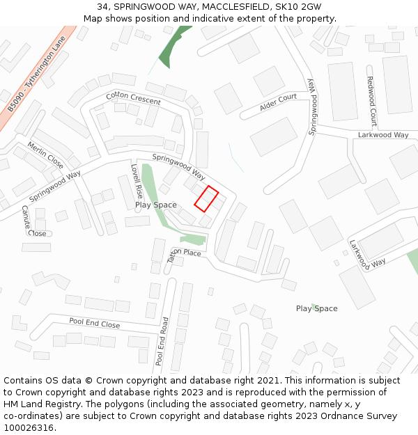 34, SPRINGWOOD WAY, MACCLESFIELD, SK10 2GW: Location map and indicative extent of plot