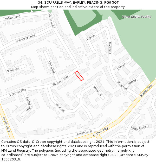 34, SQUIRRELS WAY, EARLEY, READING, RG6 5QT: Location map and indicative extent of plot