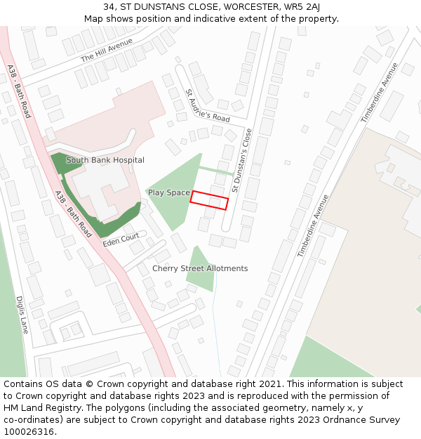 34, ST DUNSTANS CLOSE, WORCESTER, WR5 2AJ: Location map and indicative extent of plot