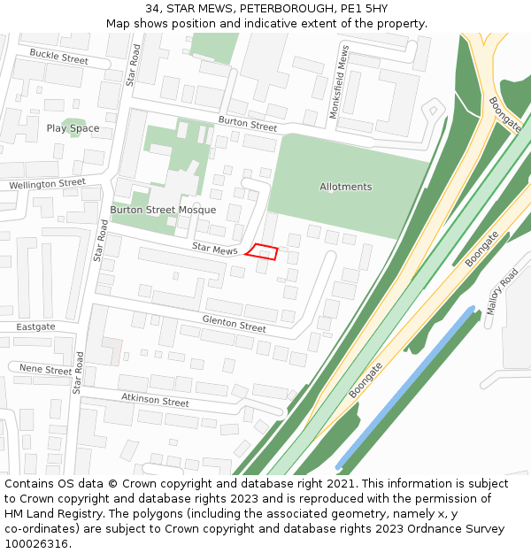 34, STAR MEWS, PETERBOROUGH, PE1 5HY: Location map and indicative extent of plot