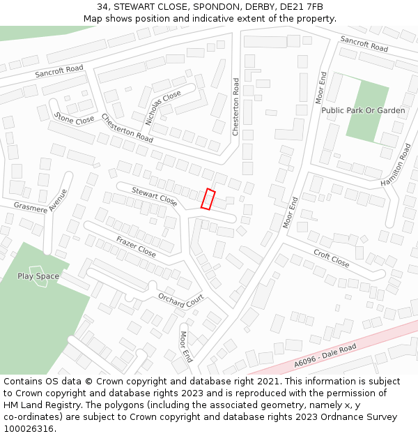34, STEWART CLOSE, SPONDON, DERBY, DE21 7FB: Location map and indicative extent of plot