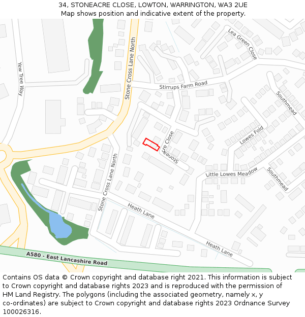 34, STONEACRE CLOSE, LOWTON, WARRINGTON, WA3 2UE: Location map and indicative extent of plot
