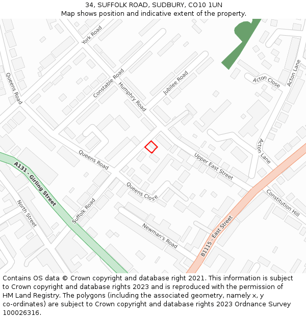 34, SUFFOLK ROAD, SUDBURY, CO10 1UN: Location map and indicative extent of plot