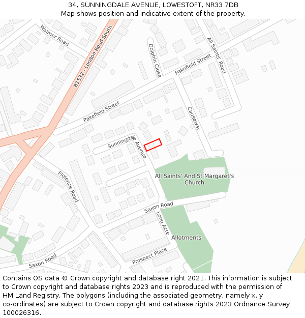 34, SUNNINGDALE AVENUE, LOWESTOFT, NR33 7DB: Location map and indicative extent of plot
