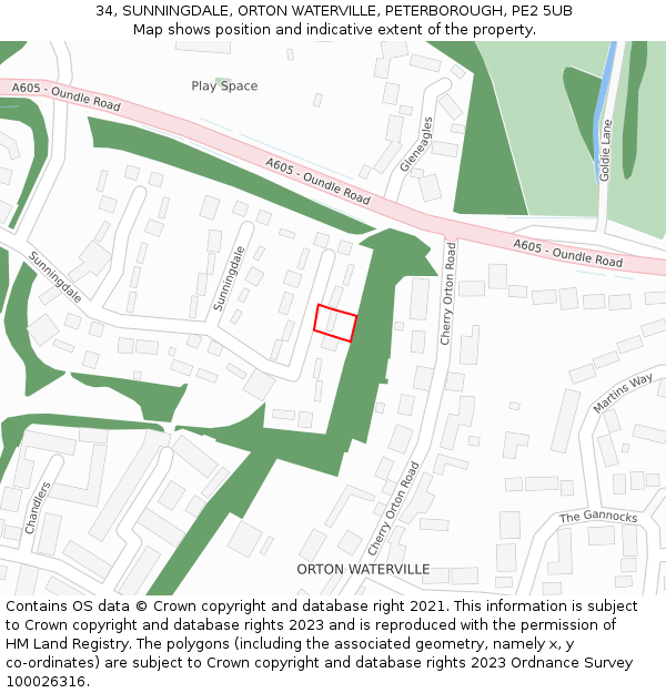 34, SUNNINGDALE, ORTON WATERVILLE, PETERBOROUGH, PE2 5UB: Location map and indicative extent of plot