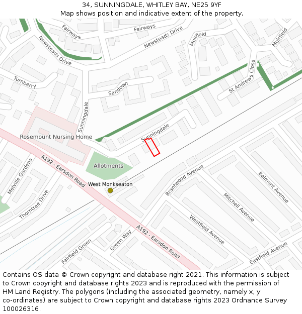 34, SUNNINGDALE, WHITLEY BAY, NE25 9YF: Location map and indicative extent of plot
