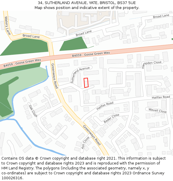 34, SUTHERLAND AVENUE, YATE, BRISTOL, BS37 5UE: Location map and indicative extent of plot
