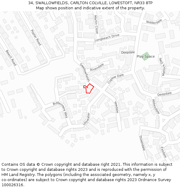 34, SWALLOWFIELDS, CARLTON COLVILLE, LOWESTOFT, NR33 8TP: Location map and indicative extent of plot