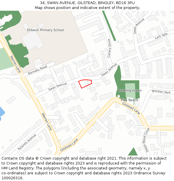34, SWAN AVENUE, GILSTEAD, BINGLEY, BD16 3PU: Location map and indicative extent of plot