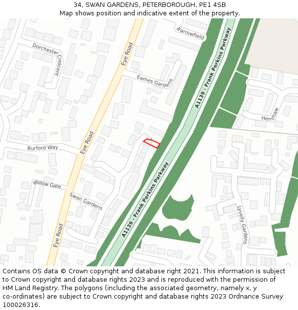 34, SWAN GARDENS, PETERBOROUGH, PE1 4SB: Location map and indicative extent of plot