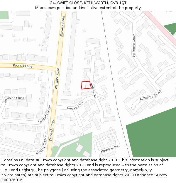 34, SWIFT CLOSE, KENILWORTH, CV8 1QT: Location map and indicative extent of plot