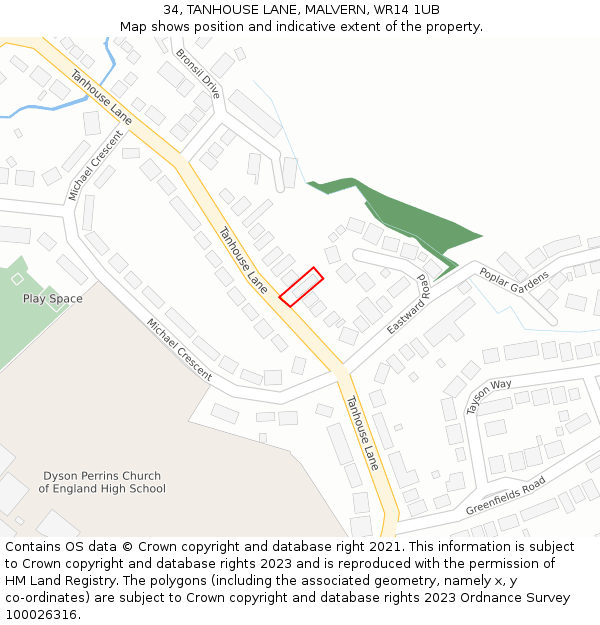 34, TANHOUSE LANE, MALVERN, WR14 1UB: Location map and indicative extent of plot