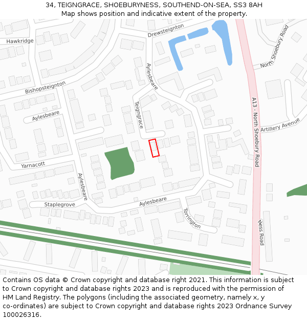 34, TEIGNGRACE, SHOEBURYNESS, SOUTHEND-ON-SEA, SS3 8AH: Location map and indicative extent of plot