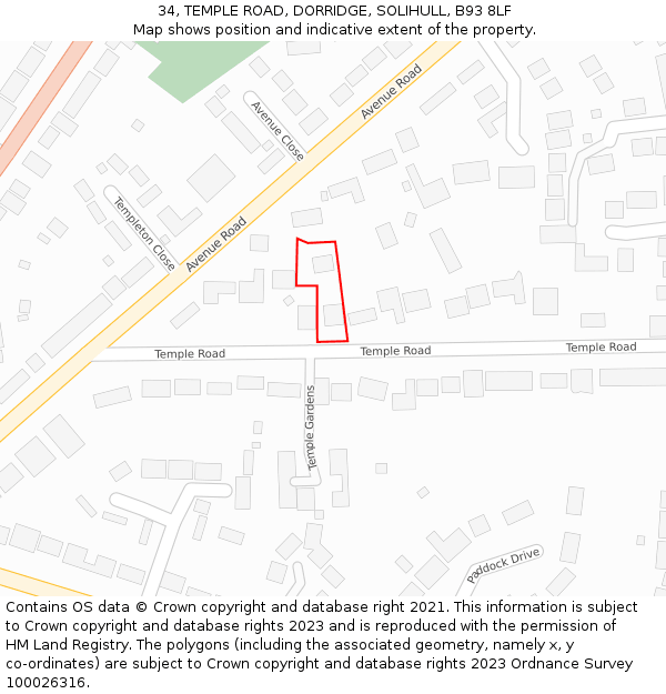 34, TEMPLE ROAD, DORRIDGE, SOLIHULL, B93 8LF: Location map and indicative extent of plot