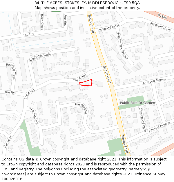 34, THE ACRES, STOKESLEY, MIDDLESBROUGH, TS9 5QA: Location map and indicative extent of plot