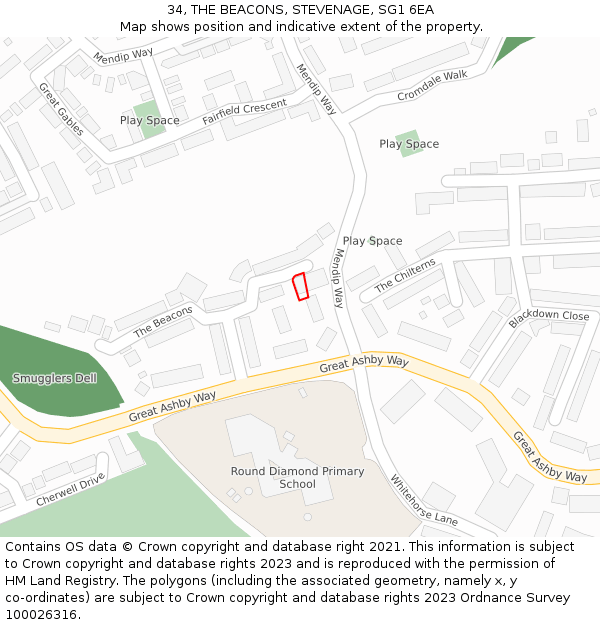 34, THE BEACONS, STEVENAGE, SG1 6EA: Location map and indicative extent of plot