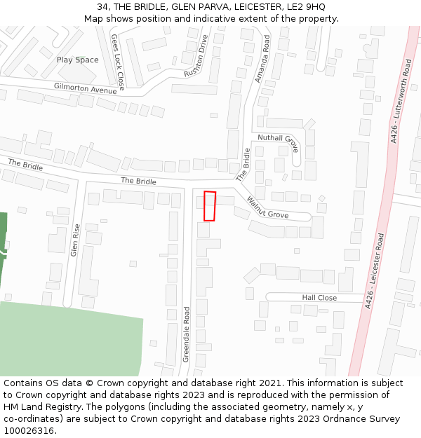 34, THE BRIDLE, GLEN PARVA, LEICESTER, LE2 9HQ: Location map and indicative extent of plot
