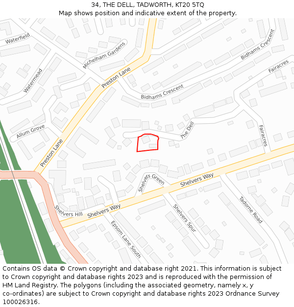 34, THE DELL, TADWORTH, KT20 5TQ: Location map and indicative extent of plot