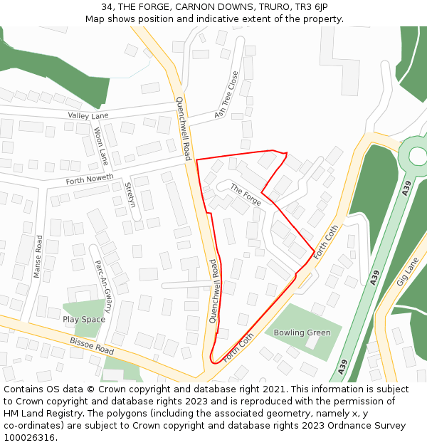 34, THE FORGE, CARNON DOWNS, TRURO, TR3 6JP: Location map and indicative extent of plot